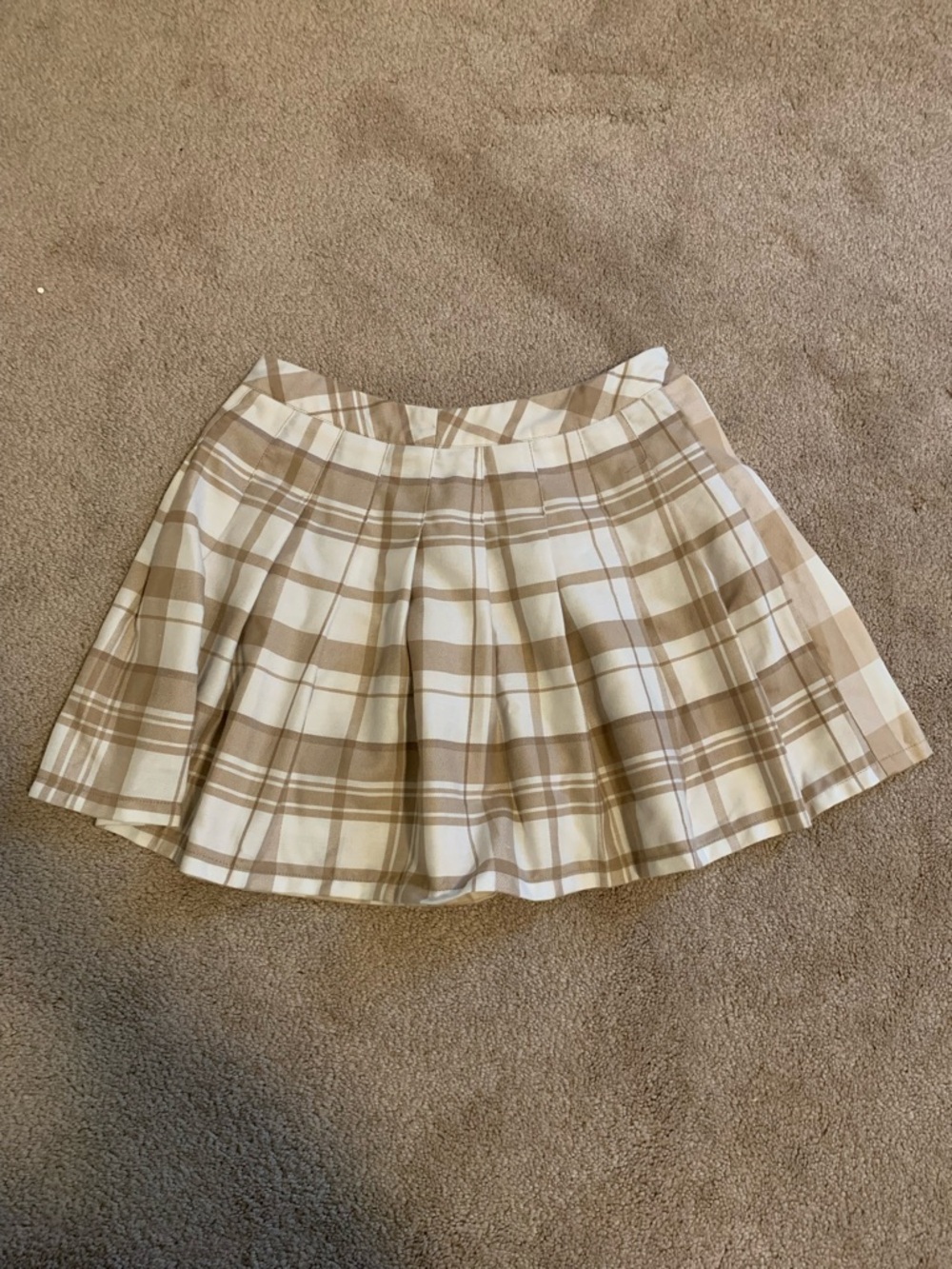 Beige Plaid Pleated Mini Skirt - Women
